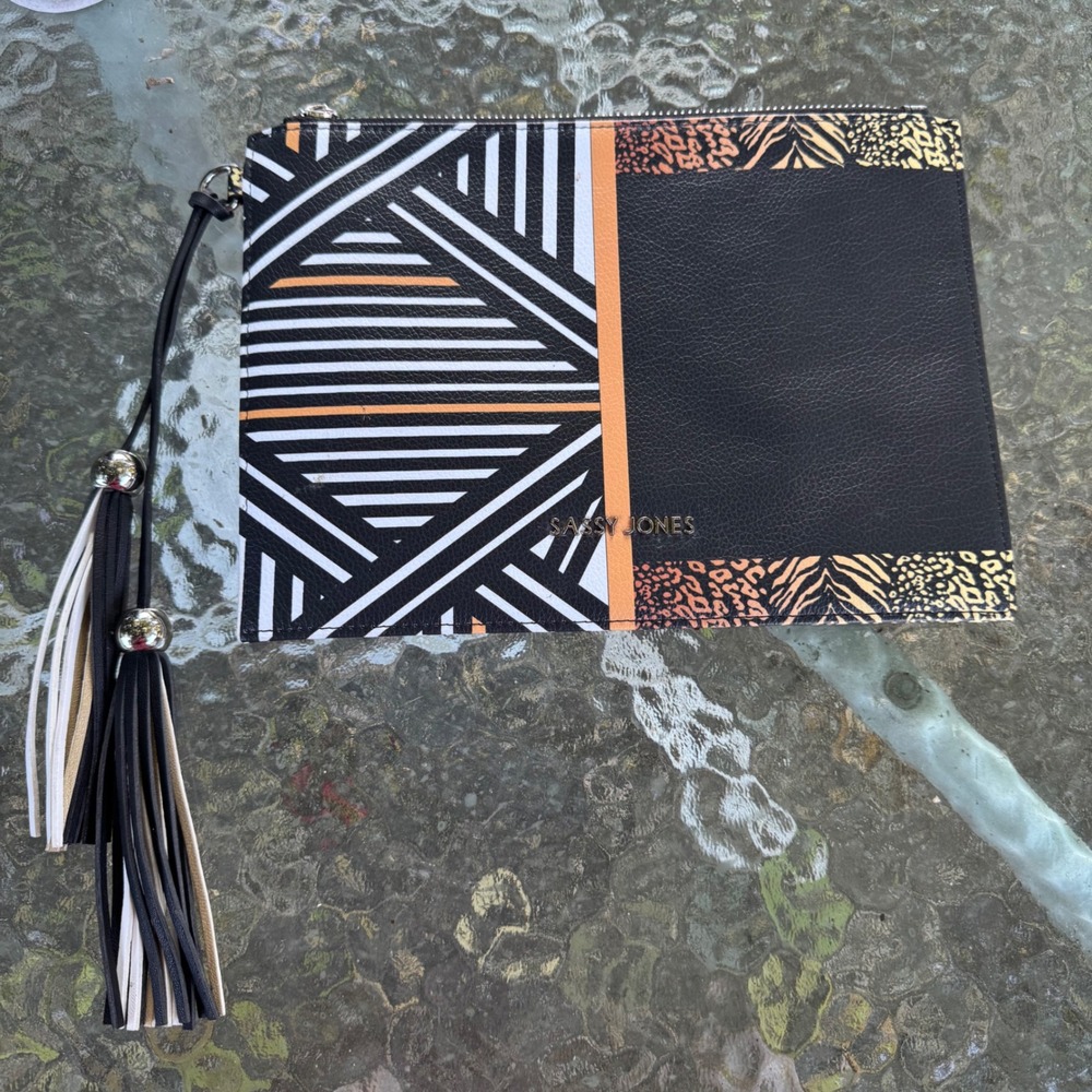Sassy Jones Geometric Animal Print Tassel Wristlet Clutch Bag Black White Tan